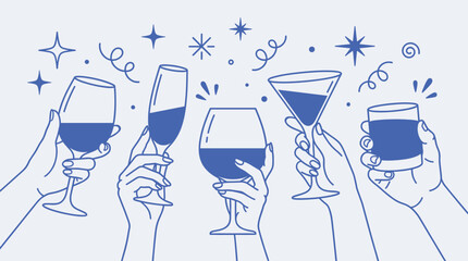 Hands raising glasses in festive toast with sparkling stars creating cheerful celebration atmosphere