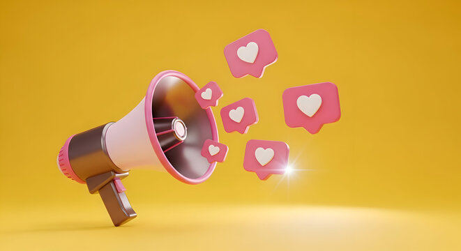 Vibrant 3D render of a pink megaphone broadcasting heart-shaped social media likes, ideal for marketing concepts, engagement, and positive feedback visuals with ample copy space.