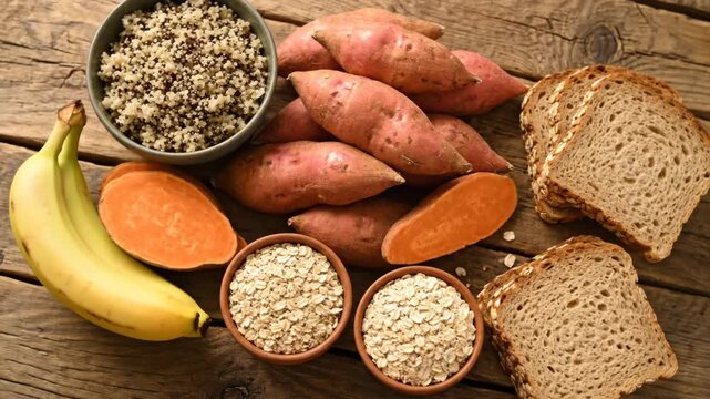 Selection of healthy complex carbohydrates including sweet potato, banana, and whole grain bread. Quinoa and oats in bowls for a balanced diet and clean eating concept