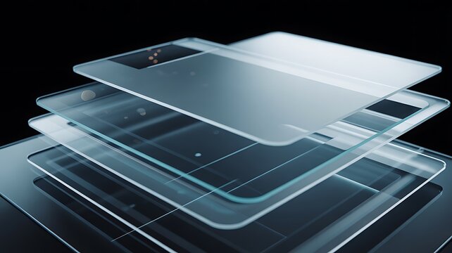 Stack of transparent glass sheets with subtle reflections and geometric patterns on a dark background