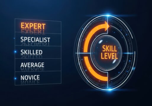 Digital interface displays various levels of professional competence ascending toward expertise on a dark blue background.
