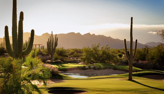 desert golf course with saguaro cactus and native plants