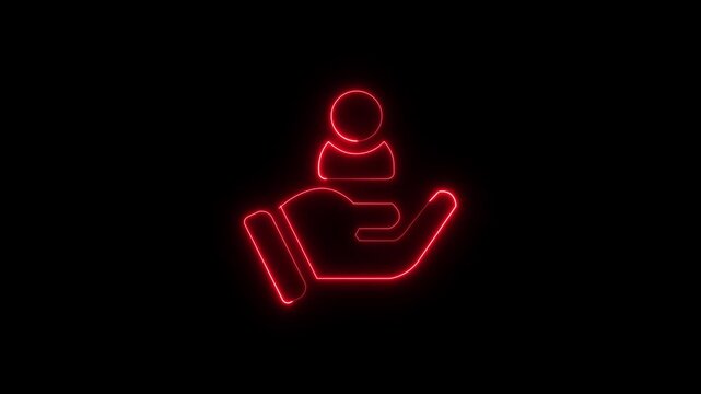 Neon light effect animation of a hand icon holding a person's with on black background.

