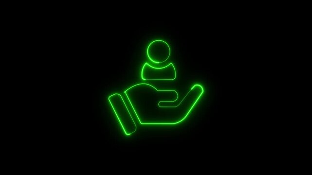 Glowing neon hand protecting figures representing people or team support with on black background.
