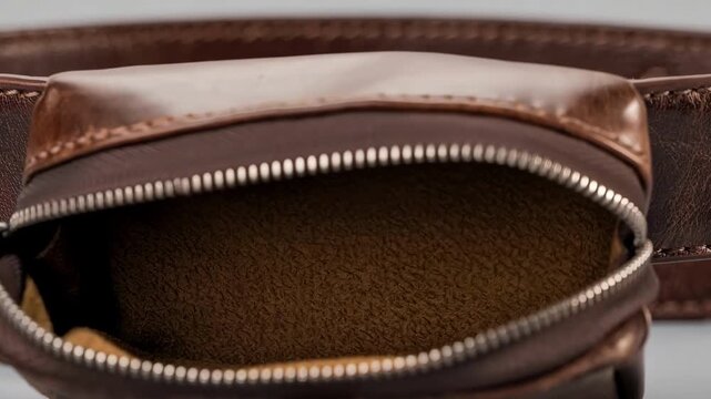 Closeup of zipper pouch attachment on a leather belt highlighting smooth zipper mechanism and durable leather material for secure stylish small item carrying.