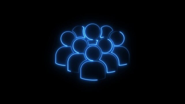 Neon Group of People Silhouettes, Teamwork and Connection Concept, Blue Neon Glowing Group of People Icon on Black Background