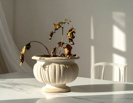 Dead potted plant on a table with dappled sunlight casting shadows