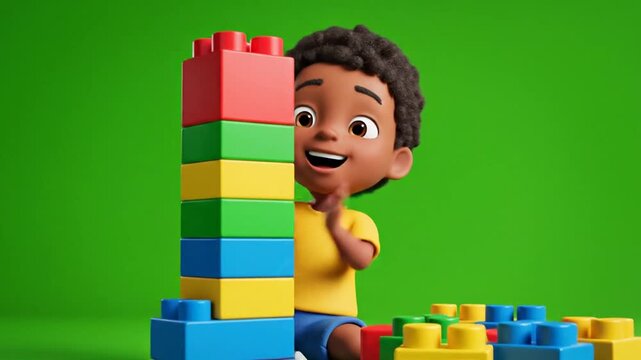 Smiling Boy with Lego Tower