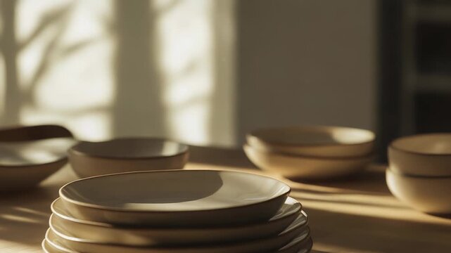 Stack of neutral ceramic plates resting on a wooden table, capturing the warm natural sunlight creating abstract shadows and highlighting a minimalist aesthetic with handmade pottery