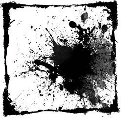 Obraz premium Abstract black ink splatter with grungy border on white background