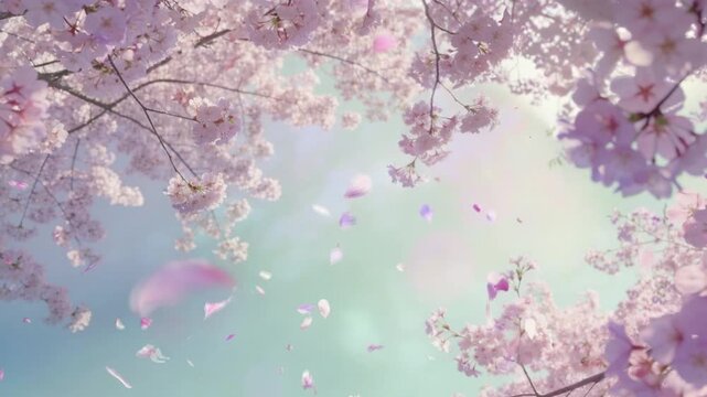 Spring blossom canopy with petals falling in slow spirals, soft pastel light filtering through branches, dreamy atmospheric motion and ultra‑soft gradients.