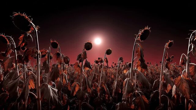 Dramatic Field of Sunflowers Under a Vibrant Sunset Sky with Bowed Heads in Striking Silhouette Against a Crimson Background