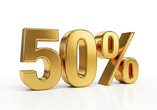 Three dimensional golden numbers displaying fifty percent isolated against a white background