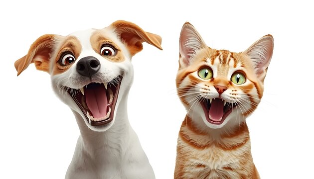 A happy dog and cat laughing together in a playful and joyful moment