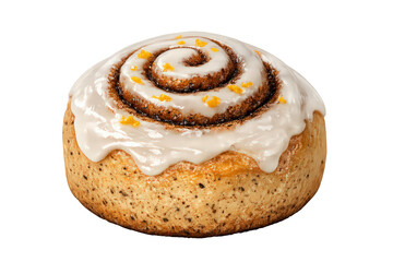 Cinnamon roll with orange zest and sweet white icing on transparent background, fresh baked breakfast pastry