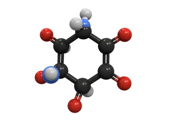 Three dimensional molecular structure illustration of an organic compound against white background