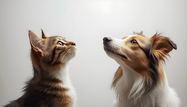 A curious cat and dog looking up at something together in a plain white background