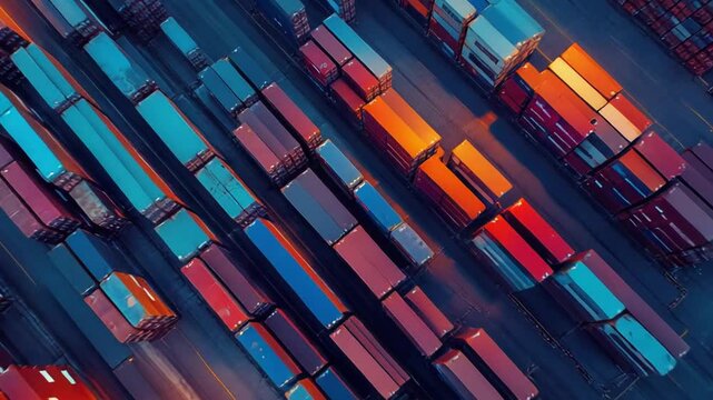 Shipping containers filling a large port at dusk, creating a bustling hub for global logistics, freight transportation, and international trade operations