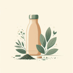 Bottle of Protein Powder with Green Leaves.