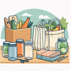 Reusable Bags and Jars with Fresh Produce.