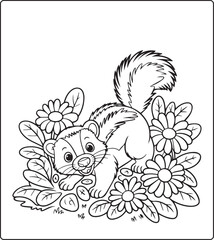 Fototapeta premium Cute animal with beautiful flowers coloring page for kids and adults, black line art vector illustration for activity page or book design