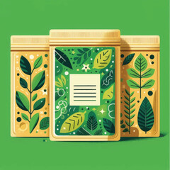 Three Containers with Leaf Designs and Label.