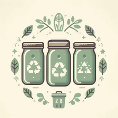 Three Green Recycling Jars with Symbols.