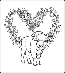 Obraz premium Cute animal with beautiful flowers coloring page for kids and adults, black line art vector illustration for activity page or book design