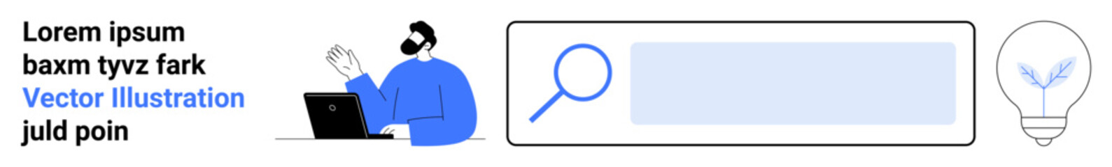 Online research, creativity, technology innovation, data exploration, idea generation, business solutions. Person at laptop, search icon and lightbulb. Online research and creativity concept