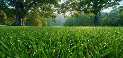 The grass carpet in a dewy meadow with towering oak trees and morning sunbeams