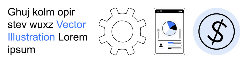 Obraz premium Technology, finance, analytics, process management, digital economy, data visualization. Gear icon, mobile phone screen with chart dollar symbol. Technology and finance concept