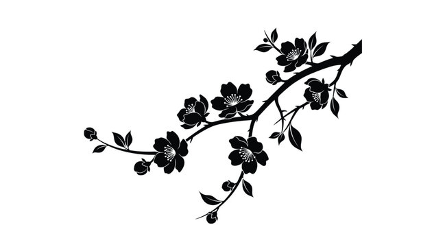 Black silhouette of a blooming sakura cherry blossom branch.