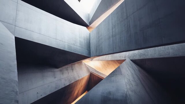 Abstract concrete building interior forming complex geometric shapes and lines with dramatic light revealing warm tones and shadow, representing modern design, structure, and minimalism