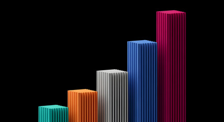 Obraz premium Ascending bar graph illustration in teal, orange, gray, blue, and magenta, set against a black backdrop, representing growth, progress, and data visualization concepts.