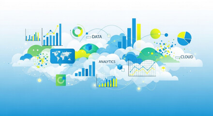 Business data analytics concept with colorful graphs and charts on clouds representing digital information and statistics in a creative modern visualization