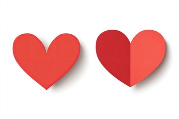 Two red paper hearts with shadows against a white backdrop, one folded