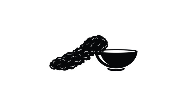 Simple black and white icon of a churro with dipping sauce.