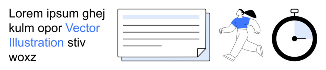 Obraz premium Time management, productivity, personal growth, deadlines, goal setting, organization. Stopwatch, running figure and document with text. Time management and productivity