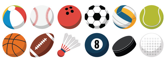 Obraz premium Flat Sports Balls Icon Set, Minimal Vector Graphics Depicting Football, Basketball, Tennis, Baseball, and Recreation Equipment for Sports, Fitness, and Game Design