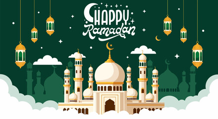 Majestic mosque with domes and minarets in Ramadan scene. © agra