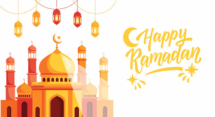 Majestic Mosque with Ramadan Lanterns Illustration. © agra