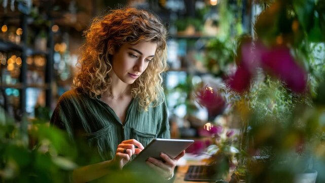 A creative professional works on her tablet in a cozy, plant filled workspace, blending technology and nature. The atmosphere is modern, peaceful, and full of natural light and greenery