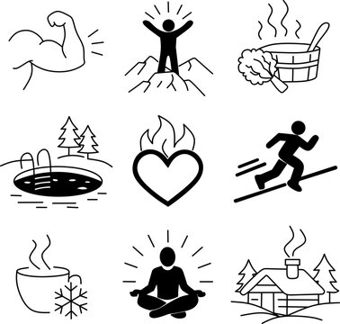 Sisu icon set depicting finnish resilience and grit. Black outline vector illustration for national day