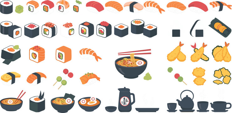 Professional vector illustration mega set featuring diverse sushi rolls, nigiri, ramen bowls, tempura, onigiri, dango, and traditional tea service for Japanese culinary branding