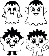 Fototapeta premium Cute Halloween Ghost And Monster Character Vector Set