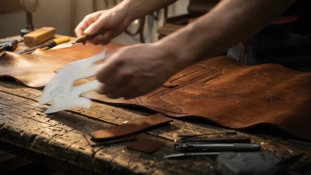 Medium shot of artisan cutting brown leather hide on a rustic table following precise patterns with sharp knives for custom leather pieces.