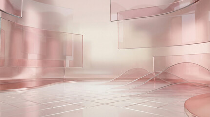 Fototapeta premium Modern minimalist interior rendered with elegant rose gold and pastel pink translucent architectural elements and reflective surfaces