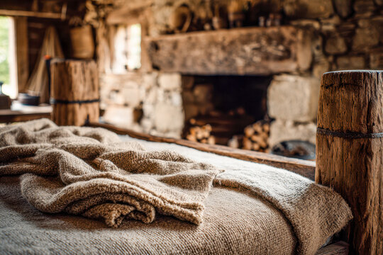 Rustic cozy bedroom interior with wooden bed frame and soft warm blankets captured in a vintage stone cottage featuring a blurred fireplace in the background