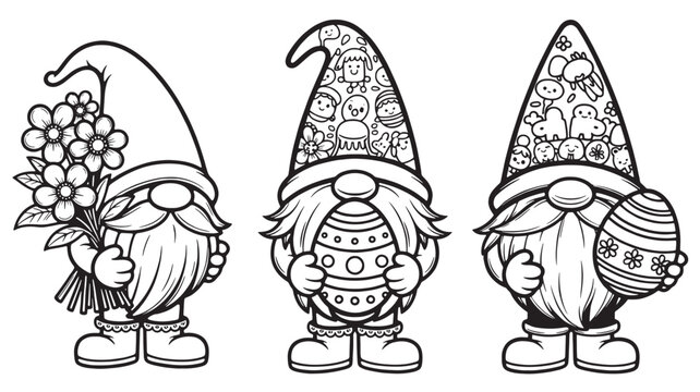 Gnomes Holding Easter Eggs and Flowers Coloring Page
