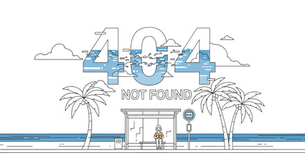 Naklejka premium Website 404 page not found error concept featuring a relaxing tropical beach scene with palm trees and a bus stop.